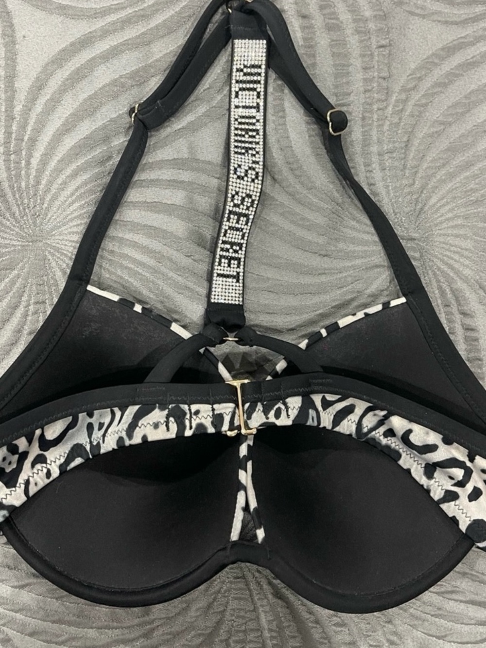 Victoria's Secret Black Bra with White Leopard Trim and Rhinestone Racerback